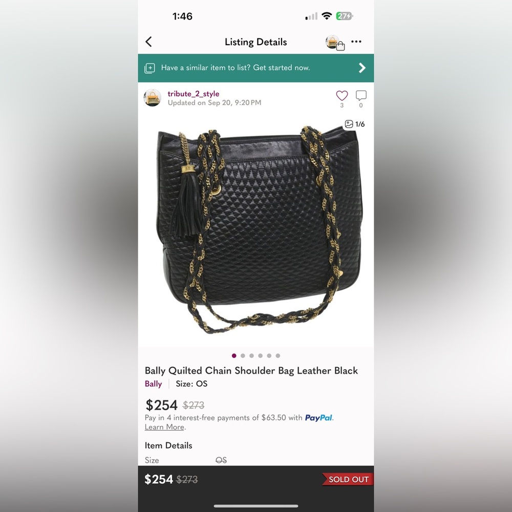 Bally Vintage Black Quilted Gold Tone Hardware Chain Straps Leather Shoulder Bag - Picture 13 of 15